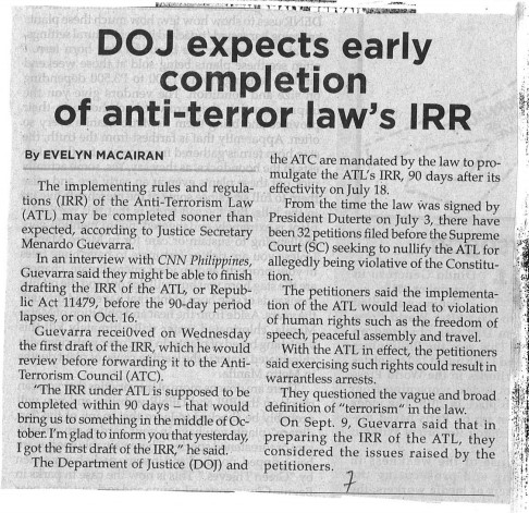 DOJ expects early completion of Anti-Terror law's IRR