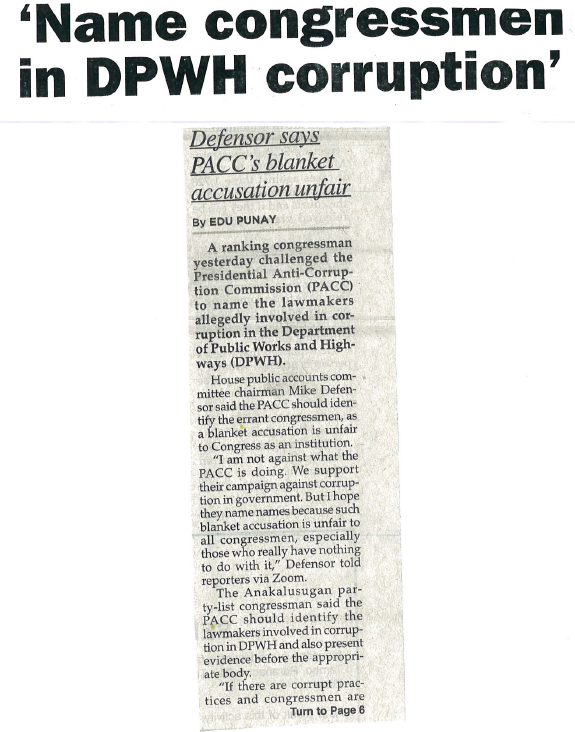 'Name congressmen in DPWH corruption'