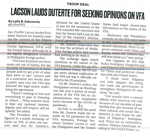 Lacson lauds Duterte for seeking opinions on VFA