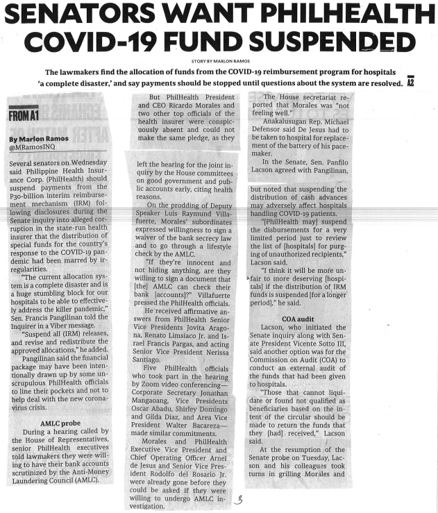 Senators want PhilHealth COVID -19 fund suspended