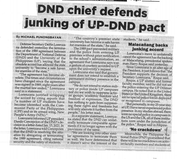 DND chief defends junking of UP-DND pact